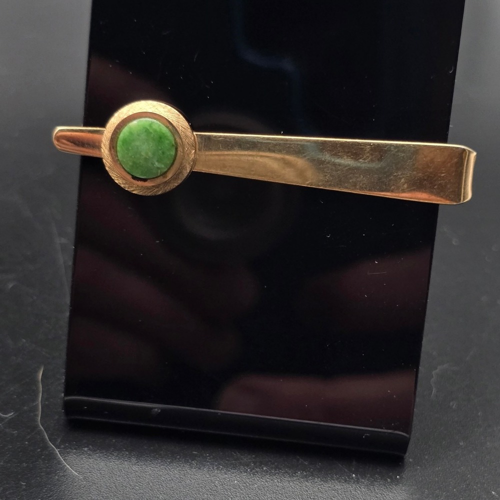 Nephrite Jade Gold Tone Tie Clip Tie Bar Tie Bar Vintage Men's Jewelry